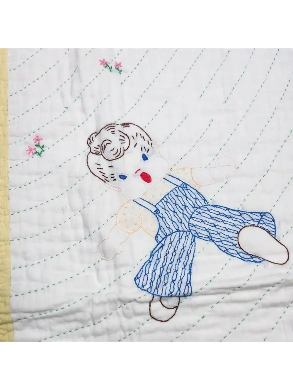 Vintage Handmade Embroidered Baby Quilt Jack and Jill Pail of Water 35 x 45 Inch